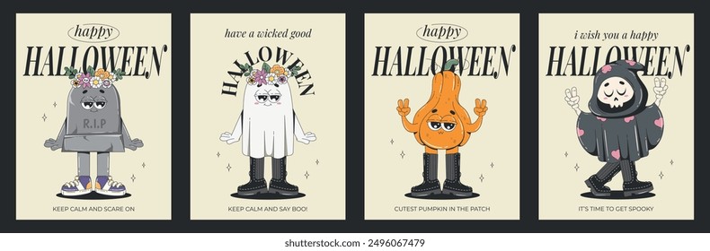 Happy Halloween posters set with pumpkin, ghost, death, gravestone. Retro groovy 60s, 70s style. Happy halloween greetings cards.