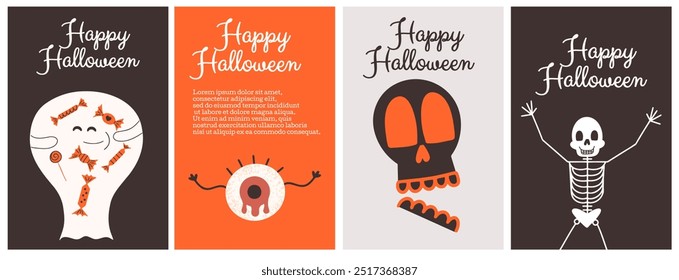 Happy Halloween posters set. Scary hand drawn vector illustration. Festive horisontal design templates. 
