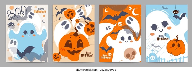 Happy Halloween posters set. Spooky covers or cards with cute ghosts, scary pumpkins, bats and spiders. Trendy holiday flyers for Halloween celebration. Flat vector illustration isolated on background