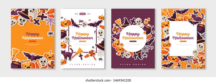 Happy Halloween posters set with trick or treat stickers for party invitation or menu design. Place for your text. Vector illustration