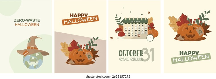 Happy Halloween posters set. Zero-Waste Eco-Friendly October Calendar Design. Eco-Halloween design collection featuring zero-waste messaging. Green halloween. Flat style. Vector illustration