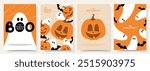 Happy Halloween posters template. Flat vector illustration with pumpkins, ghosts and bats. Cartoon Halloween gift cards. Trendy holiday flyers for decoration cover, banner, card,  social media, event.