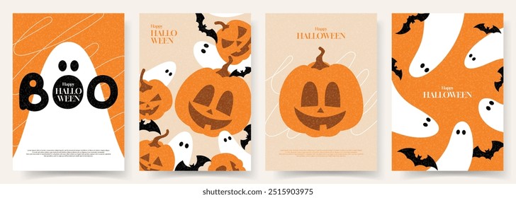 Feliz modelo de cartazes de Halloween. Ilustração de vetor plano com abóboras, fantasmas e morcegos. Cartões de presente de Halloween. Folhetos de férias na moda para capa de decoração, banner, cartão, mídias sociais, evento.