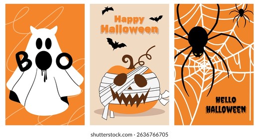 Happy Halloween posters template. Flat vector illustration with pumpkins, ghosts, bats and spider. Cartoon Halloween gift cards. Trendy holiday for decoration cover, banner, card, social media, event.
