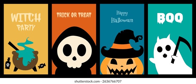 Happy Halloween posters template. Flat vector illustration with pumpkins, ghosts and bats. Cartoon Halloween gift cards. Trendy holiday flyers for decoration cover, banner, card, social media, event.