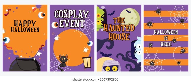 Feliz Halloween posters Plantilla. Ilustración vectorial plana con calabazas, fantasmas y murciélagos. Folletos de vacaciones de moda para la cubierta de la decoración, Anuncio, tarjeta, redes sociales, evento.