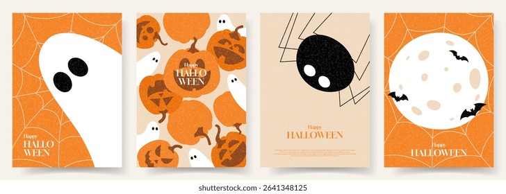 Happy Halloween posters template. Vector illustration with pumpkins, ghosts, spider, moon, bats. Flat cartoon Halloween gift cards. Trendy flyers for cover, banner, card,  social media, event.