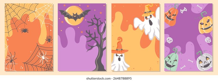 Happy Halloween posters templates with scary pumpkins, ghosts, flying bat and spider webs. Set of empty Halloween decorative design with place for your text. Vector illustration
