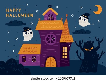 Happy Halloween print for card, poster, invitation, banner with castle, cute ghosts, moon, spooky monsters in cartoon style for children Halloween party