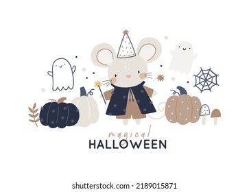 Happy Halloween print with cute cartoon littele mouse - stargazer. Magical Hallowween with pumpkin, fairy, stars, ghost