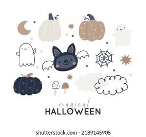 Happy Halloween print with cute cartoon littele bat. Magical Hallowween print  with pumpkin, fairy, stars, ghost