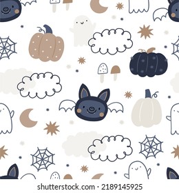 Happy Halloween print with cute cartoon littele bat. Magical Hallowween seamless pattern with pumpkin, fairy, stars, ghost