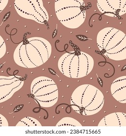 Happy Halloween print with cute cartoon pumpkins. Boho pumpkins vector seamless pattern. Textile