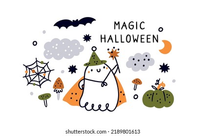Happy Halloween print and cute little ghost for children  Magic Halloween autumn illustration for poster  invitation and cute ghost  bat  mushrooms   pumpkin