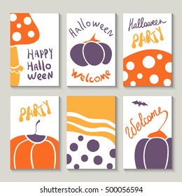 Happy Halloween. Print templates set. Colorful pumpkin and mushrooms on the cards for celebrations, invitations, parties.