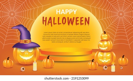 Happy halloween product display podium design with scary pumpkin spider web and candle