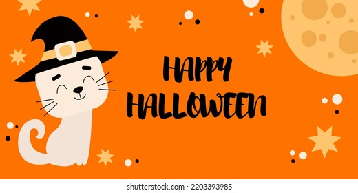 Happy Halloween promo flyer with Halloween elements. Cat in a hat. Starry night and moon. Vector illustration for poster, banner, special offer.