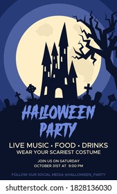 Happy Halloween promo flyers with Halloween elements, castle, graves, cemetery. Halloween party poster. Vector