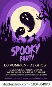 Happy Halloween promo flyers with Halloween elements, castle, graves, cemetery and ghosts. Halloween party poster. Vector