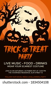 Happy Halloween promo flyers with Halloween elements, moon, pumpkins, bats and place for text. Halloween party poster. Vector