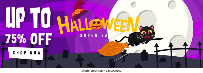 Happy Halloween Promo Sale Banner with Cute Black Cat scary riding Broomstick. can use for Poster, Banner, Special Offer, Discount