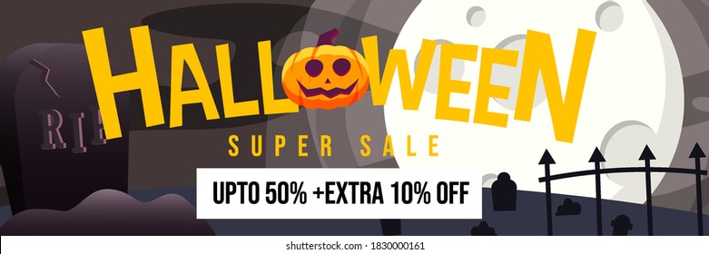 Happy Halloween Promo Sale Banner with Big tombstone at cemetery with full moon light at night background. cat use vampire, ghost and mummy costume. can use for Poster, Banner, Special Offer, Discount