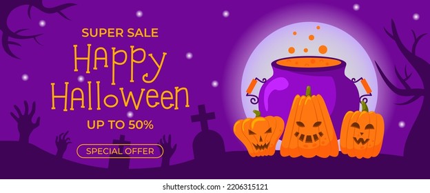 Happy Halloween promo sale banner. Cauldron with witches potion, pumpkin on full moon background. Cemetery with zombies under the starry sky. Vector illustration for poster, flyer, special offer