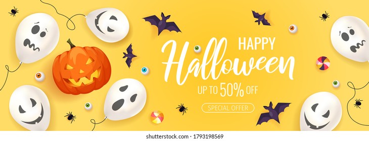 Happy Halloween promo sale flyer with Halloween elements. Scary pumpkin, ghost balloons, flying bats, spiders, candies. Vector illustration for poster, banner, discount, special offer.