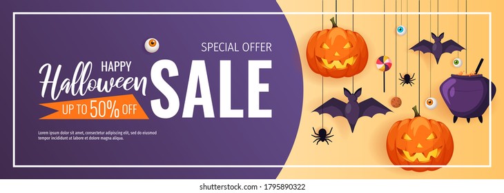 Happy Halloween promo sale flyer with Halloween elements. Scary pumpkins, cauldron, bats, spiders, candies. Vector illustration for poster, banner, discount, special offer.