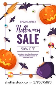 Happy Halloween promo sale flyer with Halloween elements. Scary pumpkins, cauldron, broom, flying bats, spiders, candies. A4 vector illustration for poster, banner, discount, special offer.