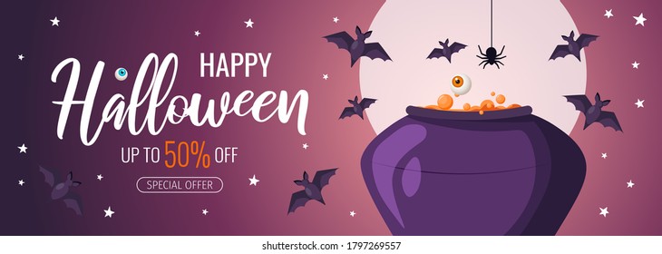 Happy Halloween promo sale flyer with Halloween elements. Cauldron with brewing potion, flying bats, spider. Starry night and full moon. Vector illustration for poster, banner, special offer.