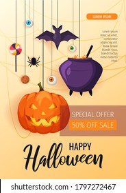 Happy Halloween promo sale flyer with Halloween elements. Scary pumpkin, cauldron, flying bats, spiders, candies. A4 vector illustration for poster, banner, special offer, discount.