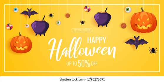 Happy Halloween promo sale flyer with Halloween elements. Scary pumpkin, cauldron, flying bats, spiders, candies. Vector illustration for poster, banner, special offer, discount.