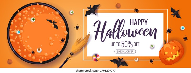 Happy Halloween promo sale flyer with Halloween elements. Witch's cauldron with potion. Bats, eyes, spiders, scary pumpkin, broom, candies. Vector illustration for poster, banner, special offer.