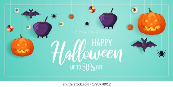 Happy Halloween promo sale flyer with Halloween elements. Scary pumpkin, cauldron, flying bats, spiders, candies. Vector illustration for poster, banner, special offer, discount.