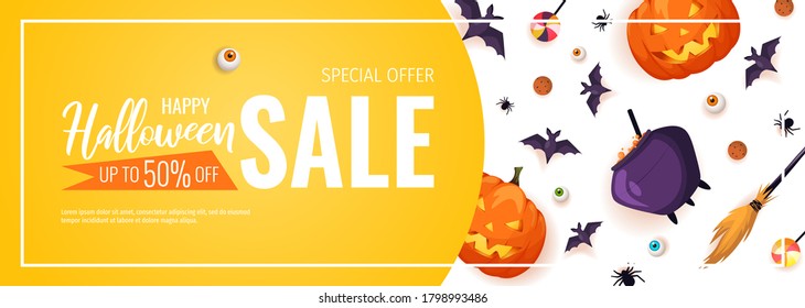 Happy Halloween promo sale flyer with Halloween elements. Scary pumpkin, cauldron, flying bats, spiders, candies. Vector illustration for poster, banner, special offer, discount.