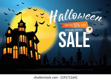 Happy Halloween promo sale flyer with Halloween elements. Scary castle, bats, zombie, grave, ghost hand, cross. Vector illustration for poster, banner, discount, special offer.