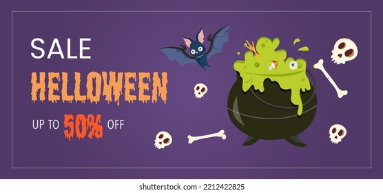 Happy Halloween promo sale flyer with Halloween elements. Cauldron with brewing potion, flying bats, spider. Starry night and full moon. Vector illustration for poster, banner, special offer.