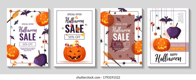 Happy Halloween promo sale flyers with Halloween elements. Scary pumpkins, cauldron, broom, flying bats, spiders, candies. Vector illustration for poster, banner, discount, special offer.