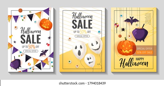 Happy Halloween promo sale flyers with Halloween elements. Scary pumpkins, ghost balloons, cauldron, flying bats, spiders, candies. Vector illustration for poster, banner, special offer, discount.