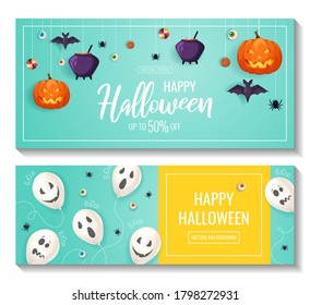 Happy Halloween promo sale flyers with Halloween elements. Scary pumpkins, cauldrons, bats, candies. Ghost balloons, spiders, eyes. Vector illustration for poster, banner, invitation, special offer.