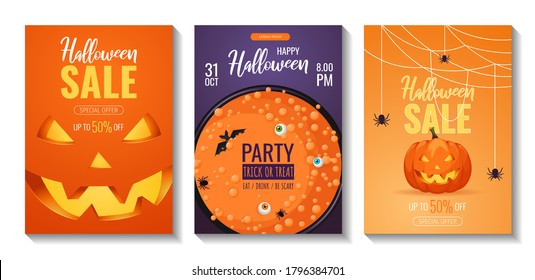 Happy Halloween promo sale and party invitation flyers with Halloween elements. Scary pumpkin, cauldron, brewing potion, bat, spiders, eyes. A4 vector illustration for poster, banner, special offer.