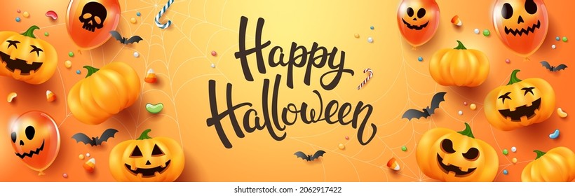 Happy Halloween promotion banner with ghost balloons, Halloween Jack’O Lantern pumpkins, bats and candy on orange background. Banner template for website, brochure cover design. Vector illustration