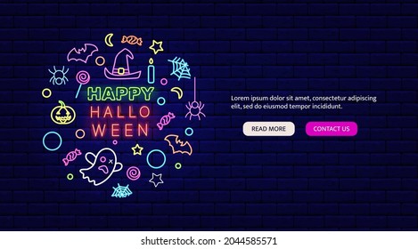 Happy Halloween promotion with circle neon layout. Colorful bright icon text. Night signboard. Outer glowing effect flyer. Editable stroke. Isolated vector stock illustration