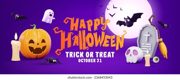 Happy Halloween Promotion Poster or banner template.Halloween night seen with big Moon,Pumpkin ghost,cute ghost,bat,cartoon skull and halloween elements.Website spooky or banner template.