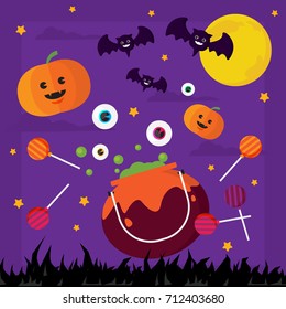 Happy Halloween pumpki and bat in moon illustrations.