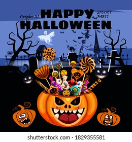 Happy Halloween Pumpkin Bag basket full of Candies and Sweets. Autumn october holiday tradition celebration dark mansion cemetery banner poster template. Vector illustration isolated