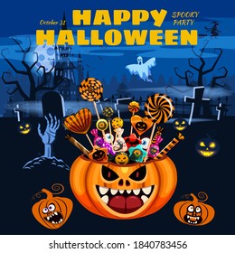 Happy Halloween Pumpkin Bag basket full of Candies and Sweets. Autumn october holiday tradition celebration dark mansion cemetery banner poster template. Vector illustration isolated