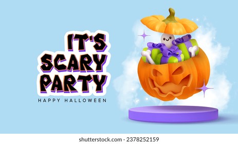 Feliz Halloween. Cesta de bolsos de calabaza con cajas de regalo con sonrisa aterradora jack o. Calabaza en una plataforma redonda en humo y niebla. Diseño 3d realista al estilo plástico. Ilustración del vector