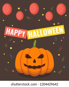 Happy Halloween. Pumpkin and a lot of balloons. Greeting card for a holiday or an invitation to a party. Vector illustration.